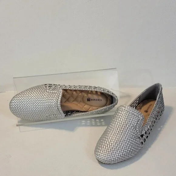 Birdies Silver Handwoven Vegan Leather Starling Loafer Flats - Picture 4 of 11